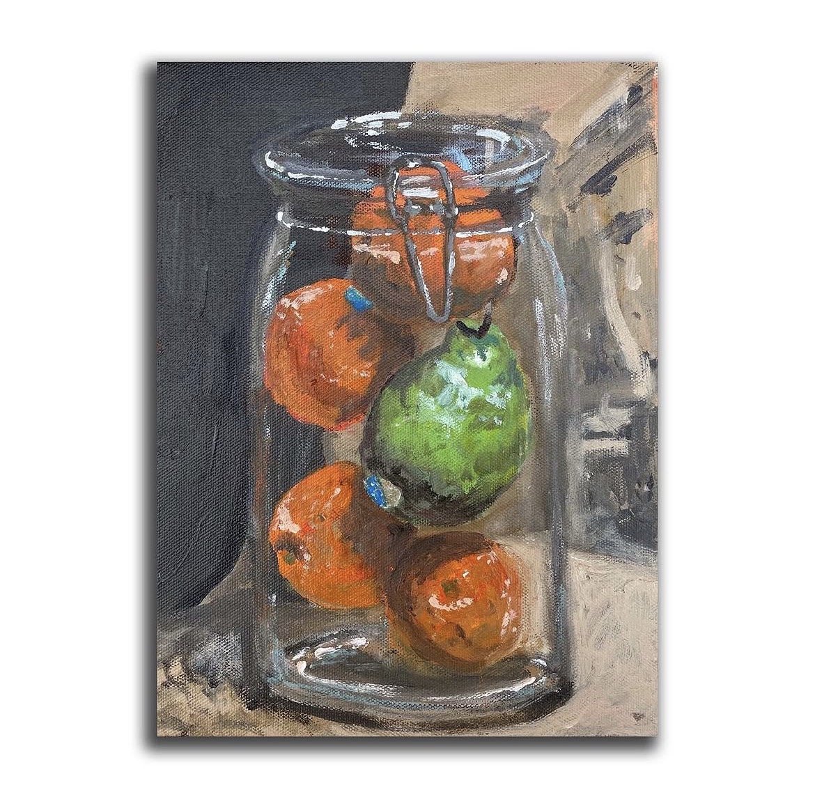 4 oranges and 1 pear in a jar